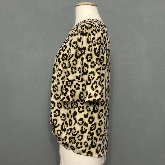 Y2K Animal Print Womens Top M Derona Surplice Beige Leopard Ruffle Classic Mob - Picture 4 of 13